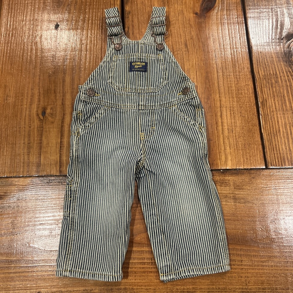 Vtg Osh Kosh B'Gosh Vestbak‎ Blue Stripe Overalls 9 Month carpenter style